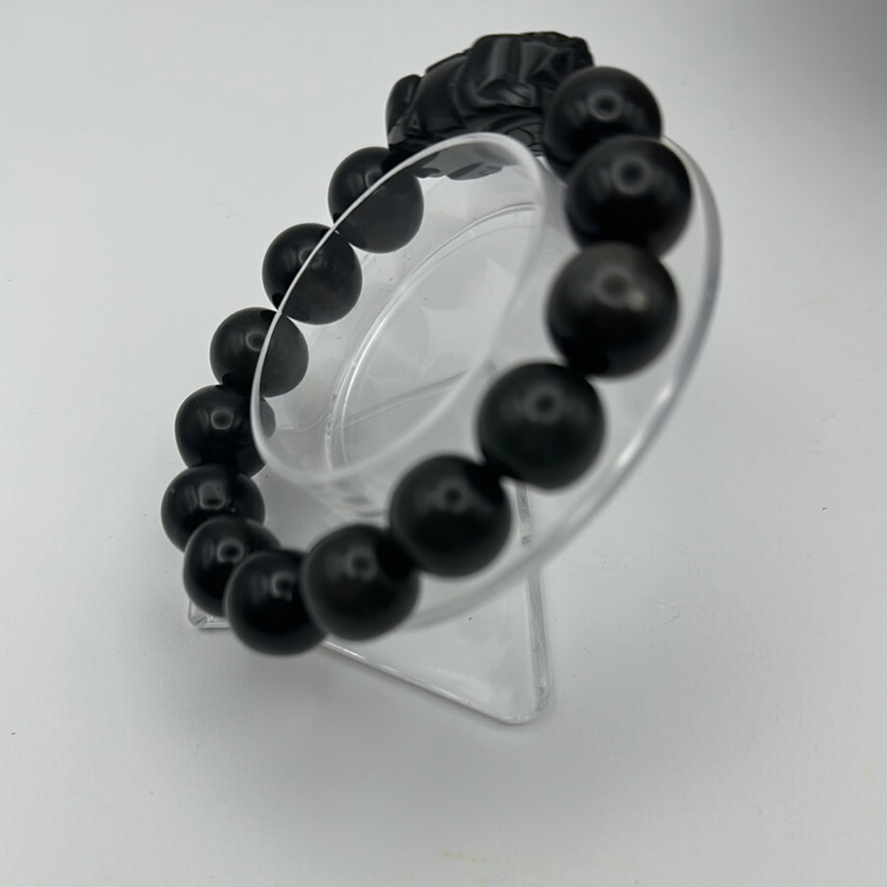 Silver Sheen Black Obsidian Beaded Bracelet with Pixiu Bead - Picture 10 of 15